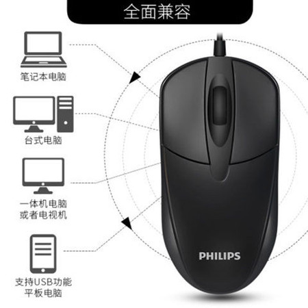 飞利浦/PHILIPS 静音有线鼠标笔记本台式电脑通用家用办公商务游戏USB无声
