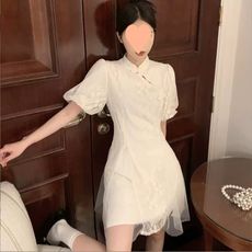 年轻款新中式改良日常旗袍连衣裙夏季女装小个子蕾丝拼接A字裙子