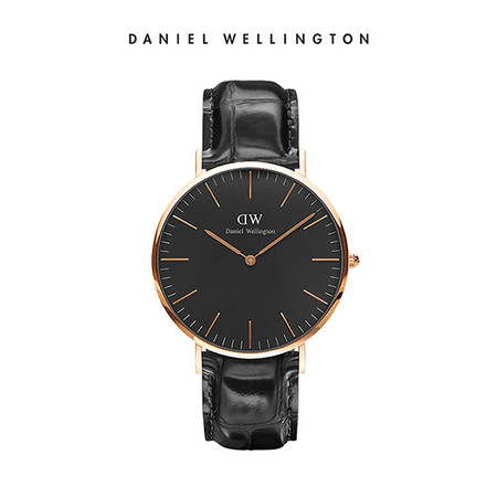 Daniel Wellington DW男表40mm黑表盘金色边皮革表带 DW00100129