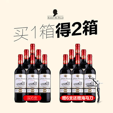 【买一箱送一箱】法国原瓶进口红酒 歌瑞安侍酒师干红葡萄酒750ml*12瓶 赠开酒器*1图片