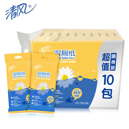 清风/kyfen 99.9%杀菌湿厕湿巾清洁湿巾10片小包装随身包10包100片图片