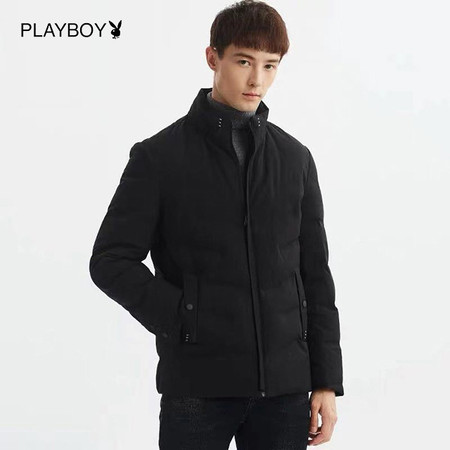 花花公子（PLAYBOYICON） 羽绒服男中长款秋冬潮流休闲男士撞色连帽羽绒服