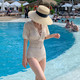 网红韩版新款泳装性感镂空网眼蕾丝短袖修身绑带三角连体泳衣女