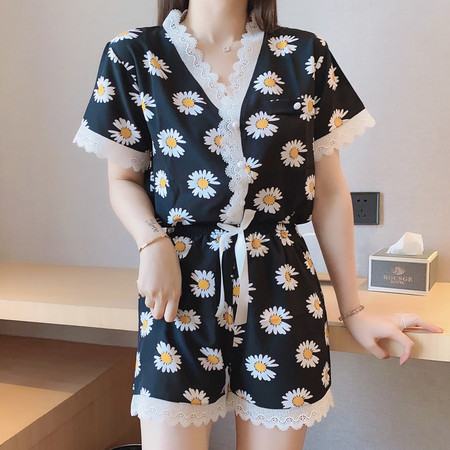 夏季女士新款仿真丝弹力稠缎甜美性感短袖蕾丝花边睡衣家居服套装