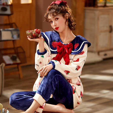 韩版珊瑚绒睡衣冬季保暖加厚法兰绒甜美可爱少女公主风家居服套装图片
