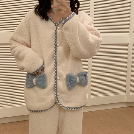 韩版睡衣女冬季加厚米粒绒简约甜美纯色可外穿家居服套装图片