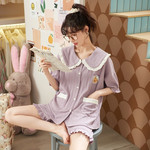 韩版新款ins睡衣女日系娃娃领甜美可爱网红短袖开衫家居服套装夏