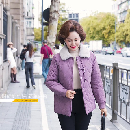 启言 冬装中老年人女装圆形衍缝毛领翻领棉衣妈妈装棉服外套洋气棉袄图片