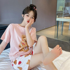 启言 新款韩版大码睡衣套装纯棉夏季短袖薄款少女款网红风家居服