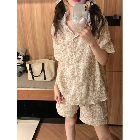 启言 季新款温柔复古日系翻领/花边领短袖家居服睡衣套装女