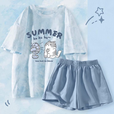 启言 夏季新款扎染短袖睡衣女士薄款卡通甜美两件套装学生家居服图片