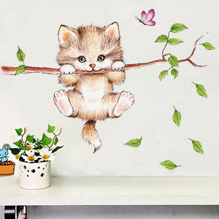 可爱卡通小动物猫咪贴画墙壁纸自粘客厅卧室儿童房间贴纸橱柜冰箱图片