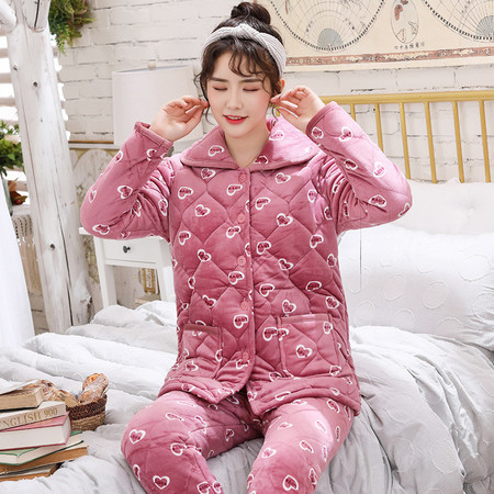 睡衣女冬季珊瑚绒夹棉三层加厚加绒甜美可爱简约保暖家居服套装