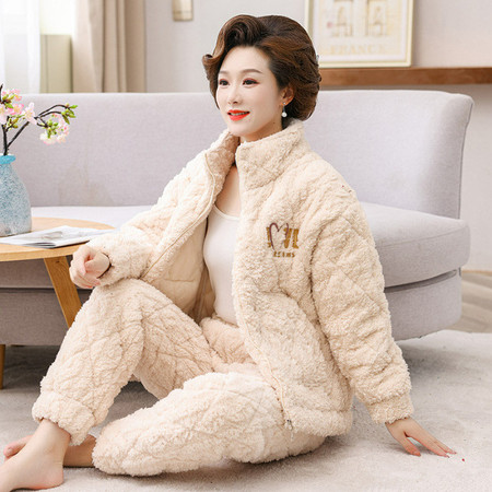  卓纪 女士冬季睡衣加厚中老年法兰绒套装三层夹棉厚款棉衣外穿家居棉服图片