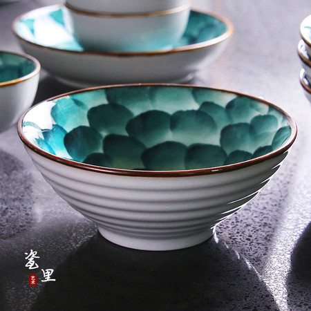 瓷里日式面碗手工喇叭碗陶瓷餐具套装墨绿手绘拉面斗笠碗