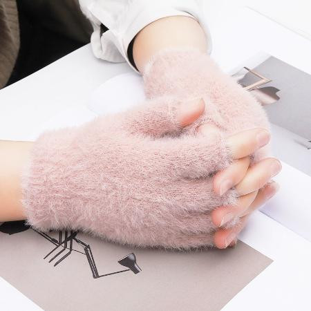 手套女秋冬季保暖加绒厚猫爪触屏半指翻盖儿童男女士骑车学生写字图片