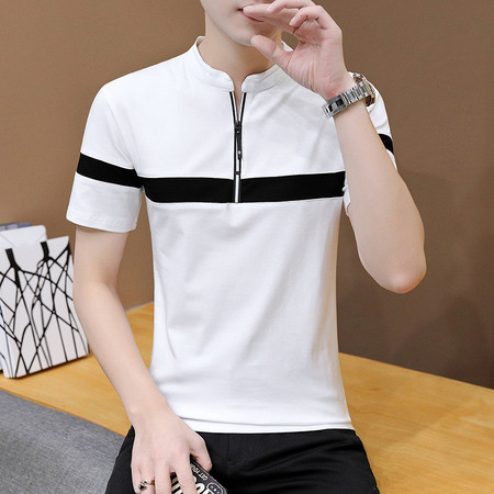 verhouse  夏季新款修身舒适短袖T恤男时尚韩版撞色百搭立领上衣图片