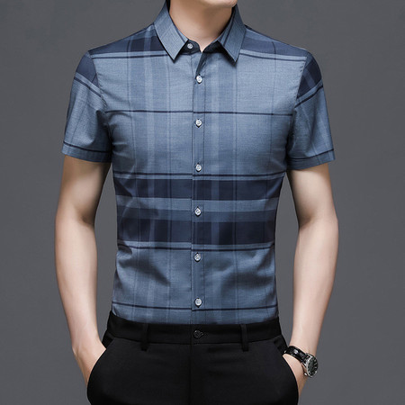 verhouse 夏季新款修身时尚男士条纹衬衫韩版休闲舒适短袖衬衣图片