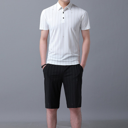 verhouse 男士休闲短袖套装夏季新款条纹翻领T恤+宽松短裤薄款两件套图片
