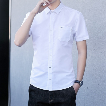 verhouse 韩版男士衬衫夏季新款时尚青年免烫衬衣修身百搭短袖上衣图片