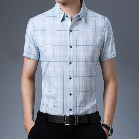 verhouse 中年男士格子衬衫夏季新款时尚潮流短袖衬衣修身薄款开衫男图片