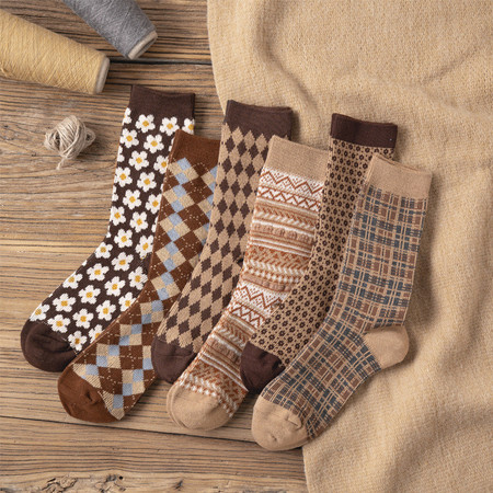 verhouse 5双装堆堆袜子女新款复古风提花中筒袜居家休闲棉质长袜