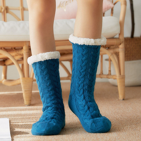 verhouse 女士地板袜冬季新款加绒加厚中筒袜时尚麻花毛圈雪地袜家居地毯袜图片