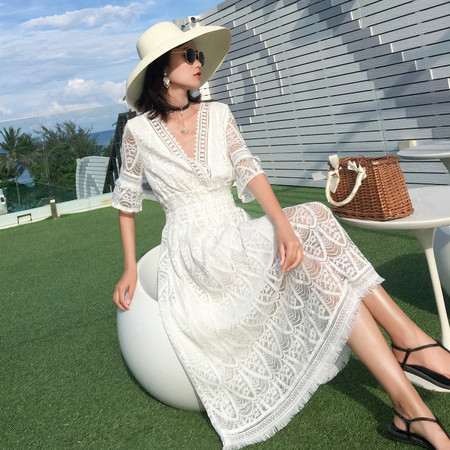  verhouse 夏季新款女士连衣裙镂空蕾丝白色气质沙滩连衣裙  透气 舒适图片