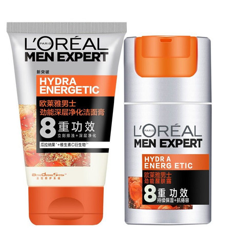 欧莱雅/LOREAL 男士劲能醒肤露8重功效50ml+劲能深层净化洁面膏100ml两件套