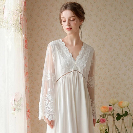芙拉迪春夏法式高级感蕾丝刺绣长款棉质女士睡裙图片
