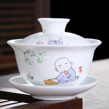 德化白瓷盖碗单个茶杯三才茶碗陶瓷茶具白瓷青花手抓壶泡茶杯大号图片