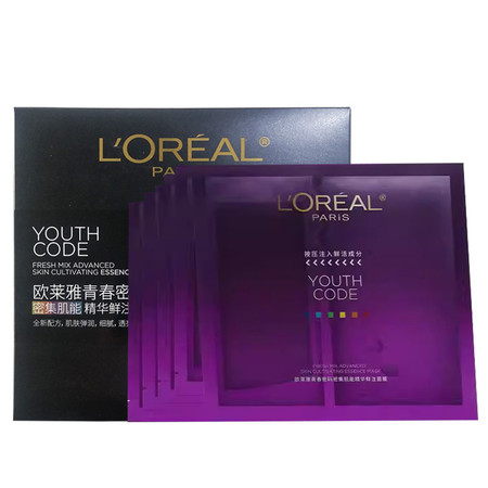 欧莱雅/LOREAL 青春密码密集肌能精华鲜注黑精华面膜33g*5片图片