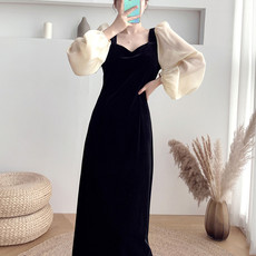  法米姿 好质量黑色金丝绒连衣裙秋冬收腰显瘦复古气质长裙