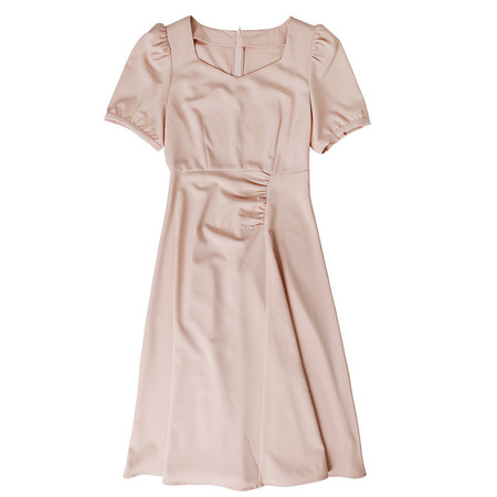 法米姿 夏季气质法式方领泡泡袖粉红色设计感收腰连衣裙图片