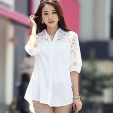  法米姿 夏装新款韩版蕾丝衫宽松五分袖衬衫
