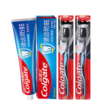 高露洁/Colgate 全面防蛀清新薄荷 /全面防蛀超爽250g送细毛护龈炭牙刷2支图片