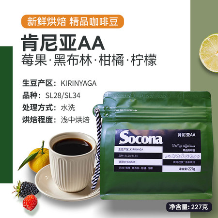 索可纳 Socona肯尼亚AA精品咖啡豆227g莓果风味浅中烘焙现磨